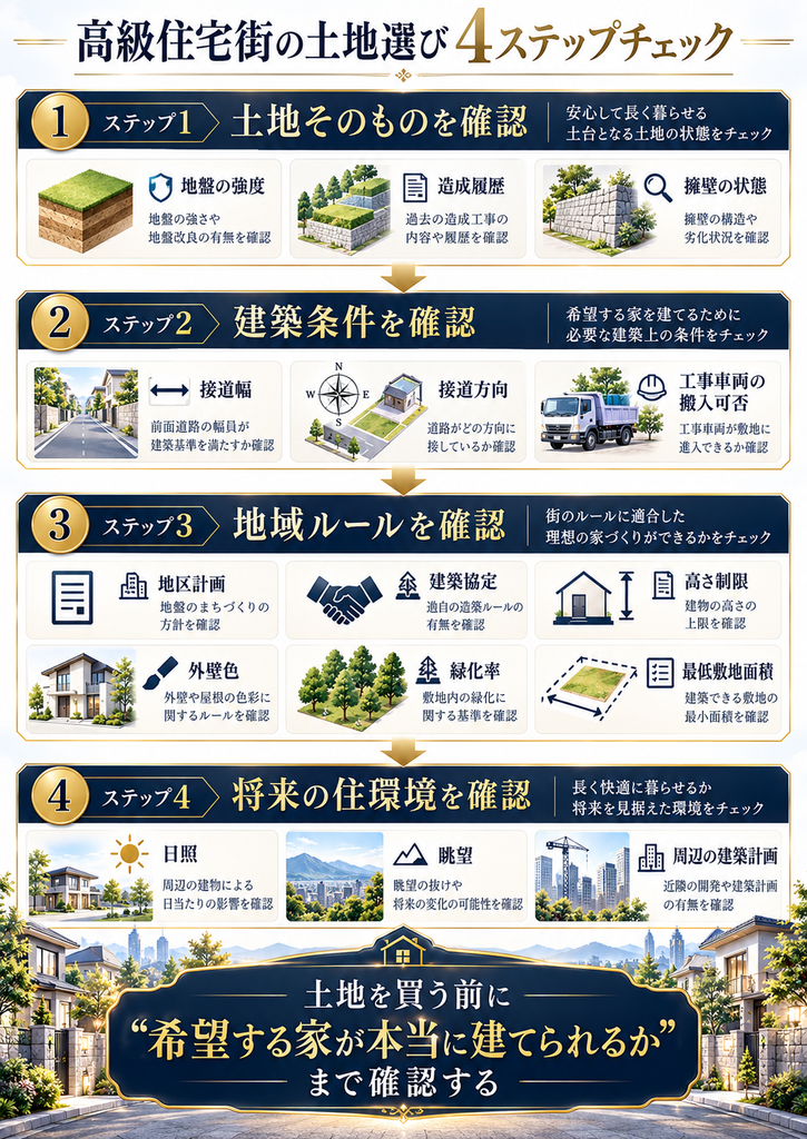 高級住宅街で土地を選ぶ際の確認事項を4ステップで整理したチェックフロー図。
