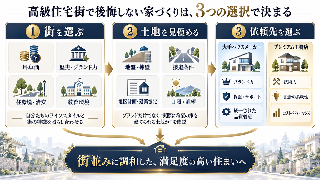 高級住宅街での家づくりについて、「街を選ぶ」「土地を見極める」「依頼先を選ぶ」の3つの選択を整理した図解。