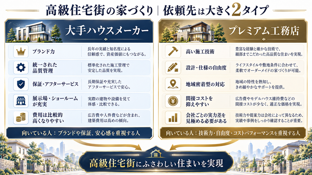 高級住宅街の家づくりにおける依頼先を、大手ハウスメーカーとプレミアム工務店の2タイプで比較した図。