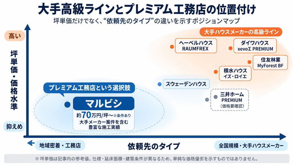 坪単価・価格水準を縦軸、依頼先のタイプを横軸にしたポジションマップ。右上にヘーベルハウス RAUMFREX、ダイワハウス xevoΣ PREMIUM、住友林業 MyForest BF、積水ハウス イズ・ロイエなど大手ハウスメーカーの高級ラインを配置。