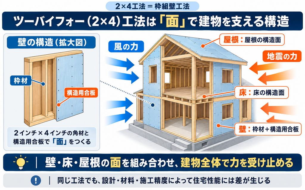 ツーバイフォー(2×4)工法の仕組みを解説した構造図。枠材と構造用合板で壁・床・屋根の面をつくり、建物全体で地震や風の力を受け止める構造を示している。