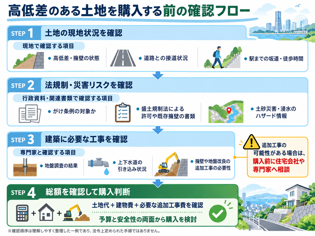 高低差のある土地を購入する前の確認フロー