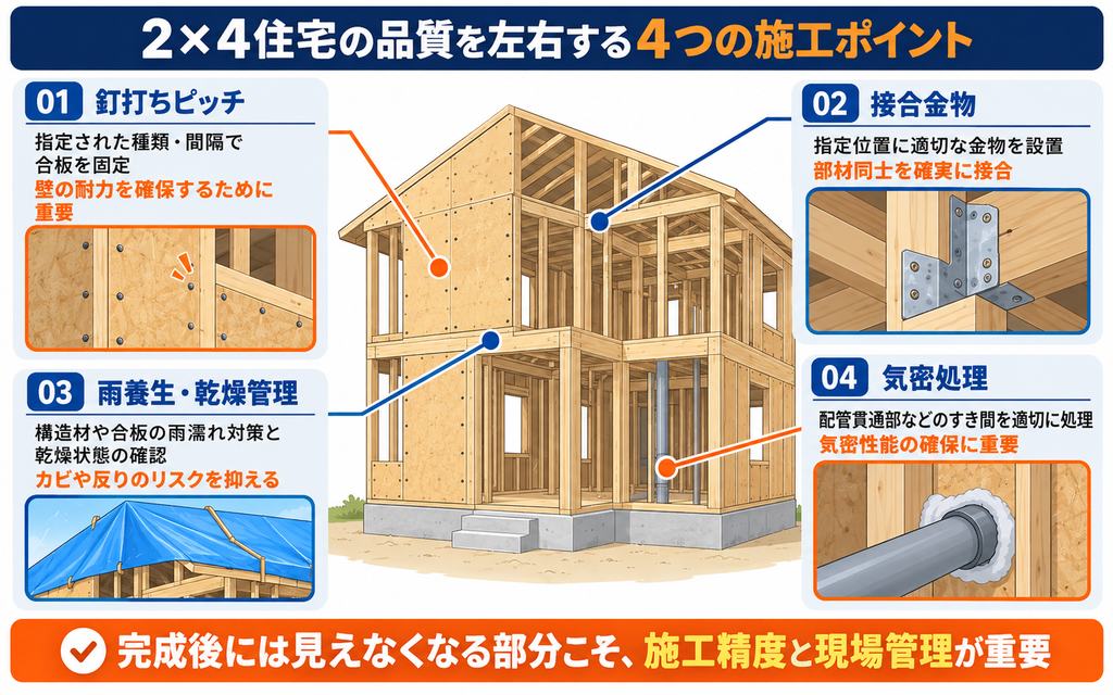 ツーバイフォー(2×4)住宅の施工品質を左右する4つの重要ポイント。耐震性や気密性に関わる釘打ちピッチ、接合金物、雨養生・乾燥管理、気密処理を建物の構造図で解説。