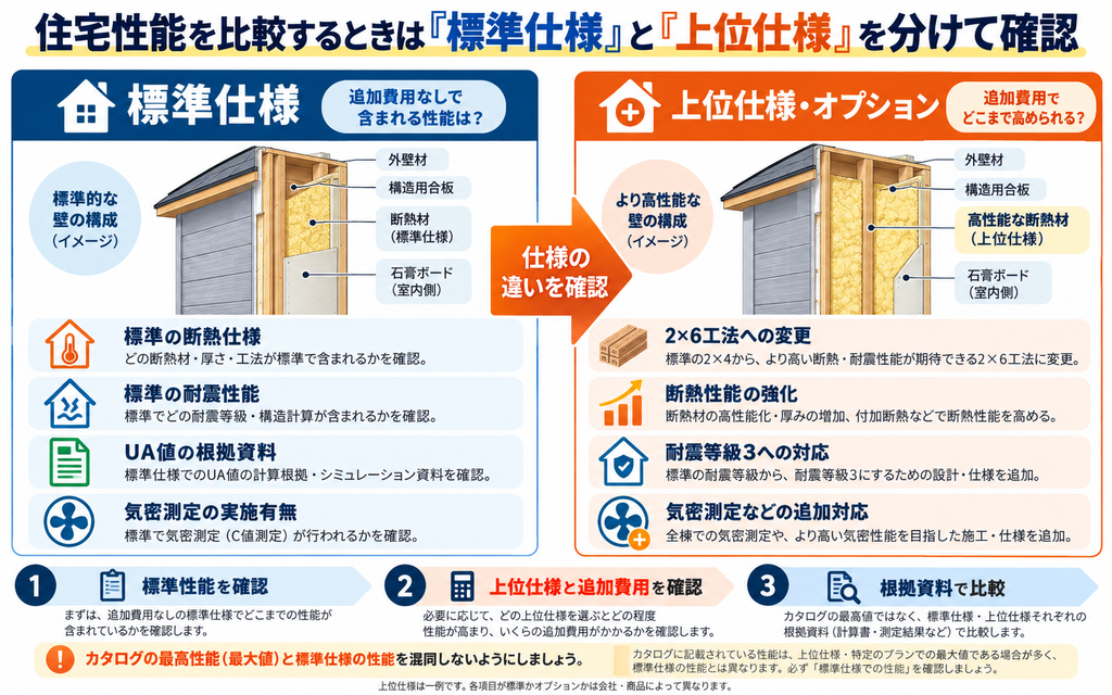ツーバイフォー(2×4)住宅の標準仕様と上位仕様・オプションの違いを比較した図解。断熱性能、耐震等級、UA値の根拠資料、気密測定など、住宅会社選びで確認したい性能項目を解説。