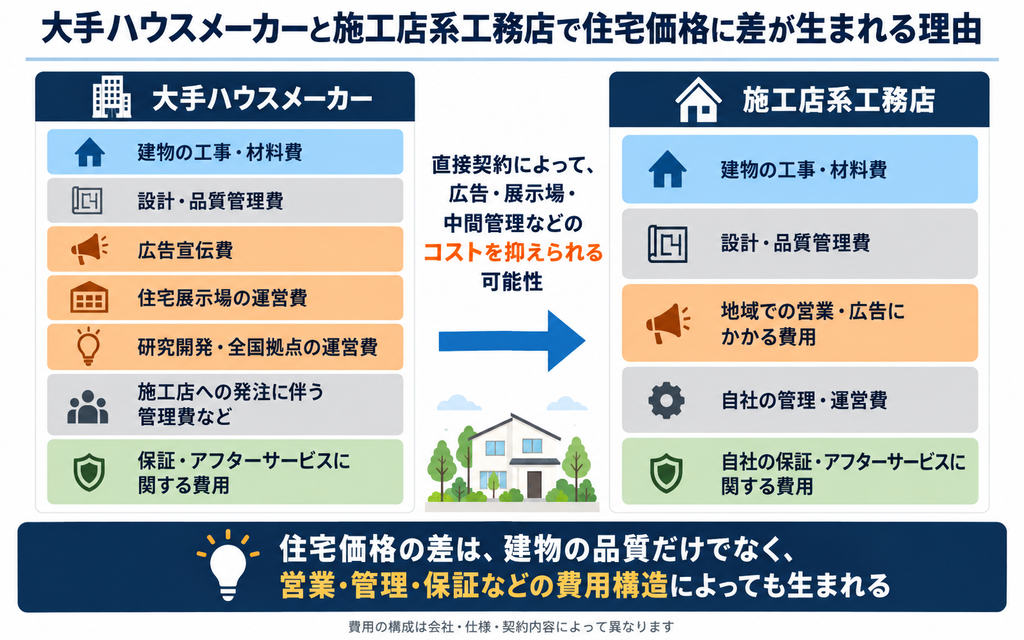 大手ハウスメーカーと施工店系工務店の住宅価格に差が生まれる仕組みを比較。建築工事費や材料費に加え、広告宣伝費、住宅展示場の運営費、管理費、保証費などの費用構造を解説。