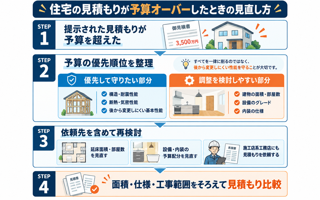 注文住宅の見積もりが予算オーバーしたときの対処法を4ステップで解説。耐震・断熱性能を優先しながら、延床面積や設備仕様、依頼先を見直し、同条件で見積もり比較する流れ。