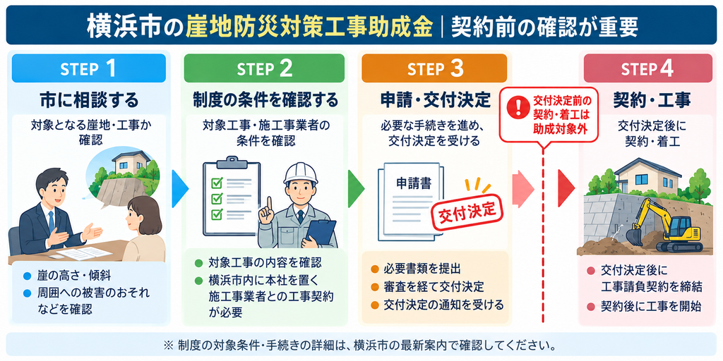 横浜市の崖地防災対策工事助成金について、市への相談、対象条件の確認、申請・交付決定、契約・着工の4ステップを解説した図解。交付決定前の契約・着工は助成対象外となる注意点も紹介。