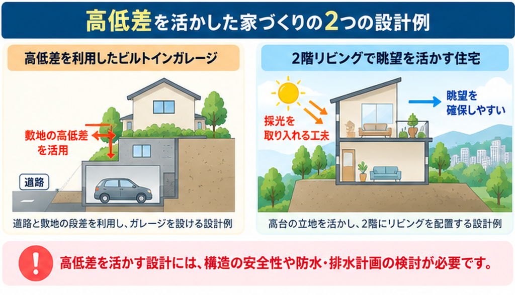 高低差のある土地を活かした注文住宅の設計例。道路と敷地の段差を利用したビルトインガレージと、眺望・採光を確保しやすい2階リビングの間取りを断面図で比較。