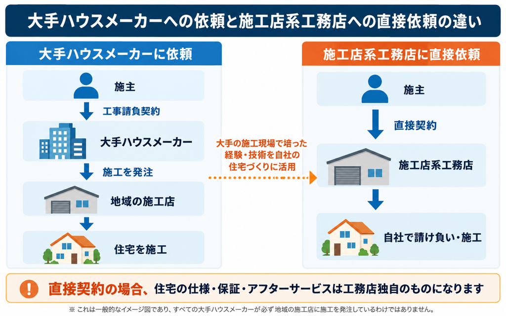 大手ハウスメーカーと施工店系工務店にツーバイフォー住宅を依頼する際の契約・施工体制の違い。ハウスメーカー経由の施工と地域工務店への直接依頼の流れを比較した図解。
