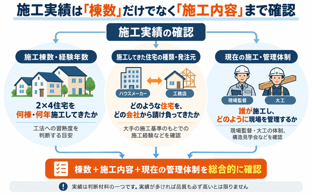 ツーバイフォー(2×4)工務店の施工実績を見極める3つのチェックポイント。施工棟数・経験年数、過去に施工した住宅の種類や発注元、現在の現場監督・大工の管理体制を解説。